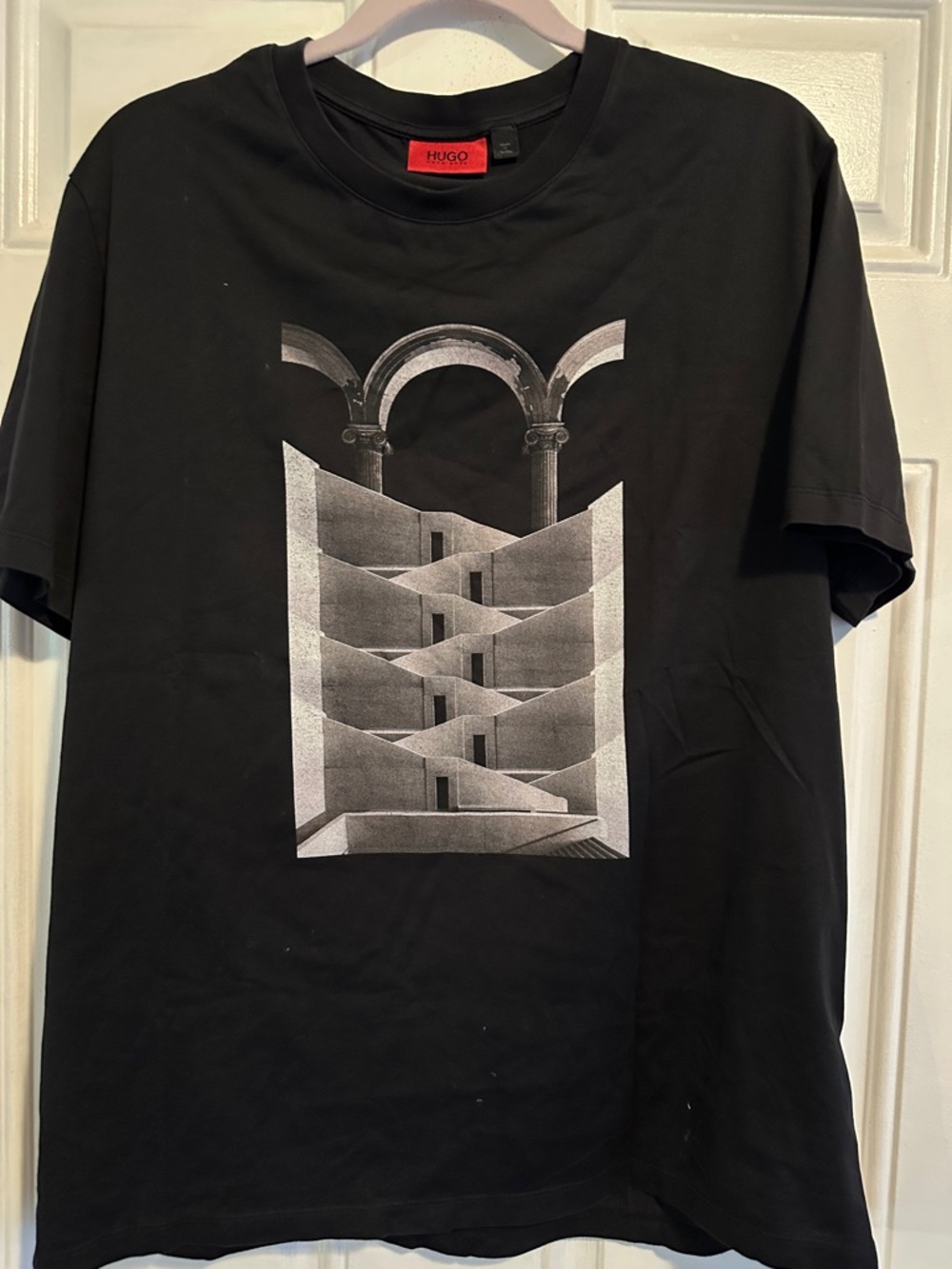 HUGO Black Short Sleeve Tee with Monochrome Architectural Print